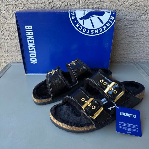 Birkenstock Arizona Shearling Eyelet Sandals Womens 41EU /10US Shiny Black Gold - Picture 1 of 13